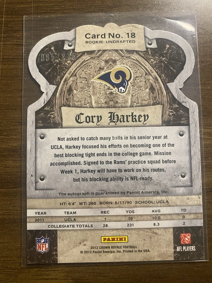 2012 Crown Royale Rookie Signatures /245 Cory Harkey #18 Auto RC - Image 2 of 3