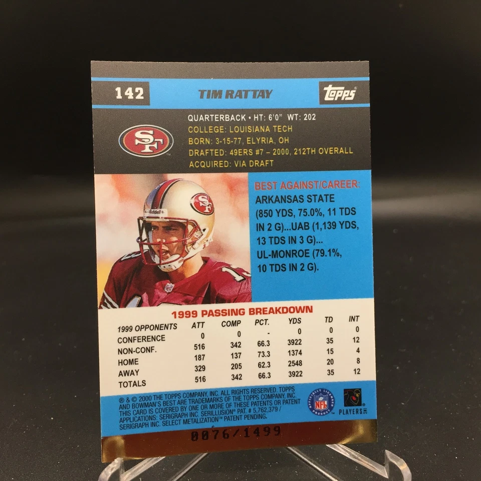 Tim Rattay 2000 Bowman's Best 142 #/1499 San Francisco 49ers Rookie - Image 2 of 2