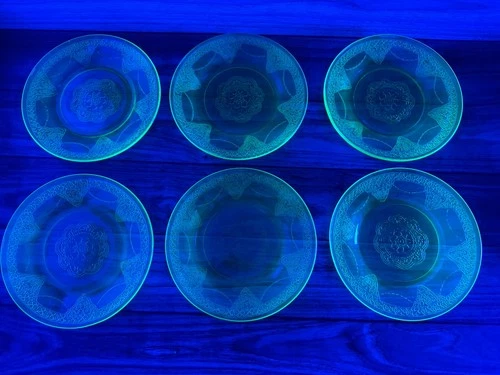 URANIUM Federal Glass Georgian Love Birds Depression 6" Dessert Plate - Set of 6