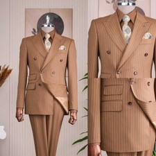 Business Striped Men Suits Slim Fit Double Breasted Peak Lapel Blazer Wedding