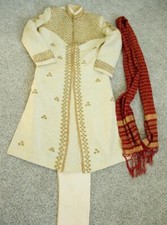 Groom Indian Sherwani Jacket with Dhoti Pants and Scarf, Size 38, Pre-Owned