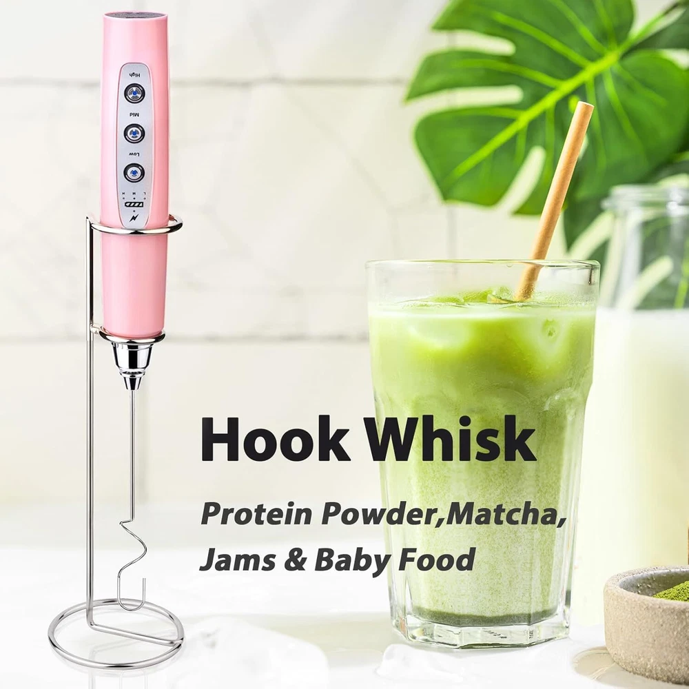 Milk Frother with Stand Rechargeable- Handheld Coffee 3 Pink