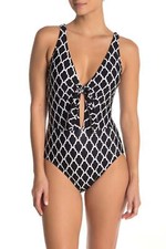Athena AT13550 ATTrellis Front Plunge One-Piece Swimsuit Sz 8 Black white