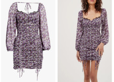 ASTR the Label Purple Floral Ruched Sheer Long Sleeve Mini Dress S 4/6 REVOLVE