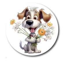 Happy Puppy Dog with Daisies Scrapbook Stickers Dog w/Flowers Envelope Seals