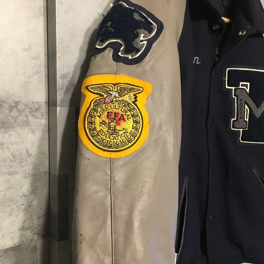 LONE STAR Leather Stadium Jacket Size S Navy x Gray VINTAGE LONE STAR Leather Stadium Jacket Size S Navy x Gray VINTAGE