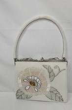 Vintage Hashimoto Japan White Glass Beaded Handbag Floral Evening Clutch Purse