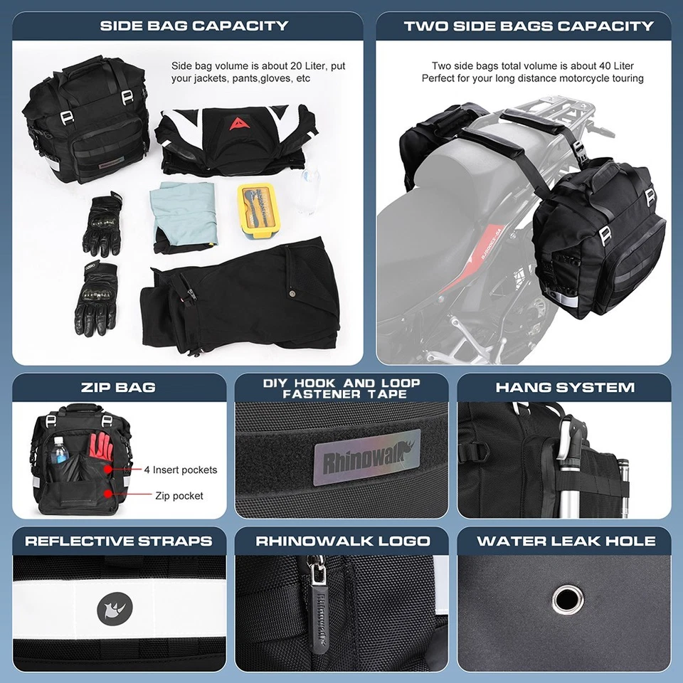 Bolsa lateral Rhinowalk para motocicleta impermeable liberación rápida 20L 1 pieza bolsa de equipaje Foto 4 de 4