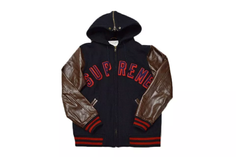 Parka à capuche Supreme veste universitaire 12AW marron marine taille S manches cuir