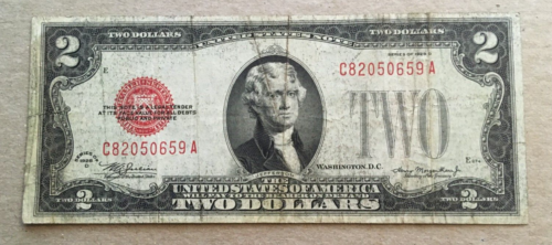 1928 D $2.00 DOLLAR RED SEAL NOTE Back image shifted up CA Block Fr# 1505 - Picture 2 of 2