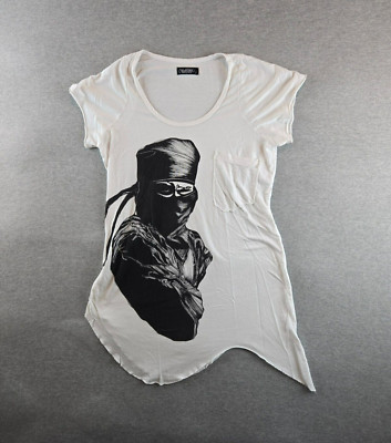 Lauren Moshi Women's Ninja Graphic Asymmetrical Heathered White T Shirt Sz L