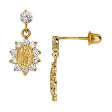 14k Yellow Gold CZ Virgen Guadalupe Religious Baby Screw Back Earrings for Women