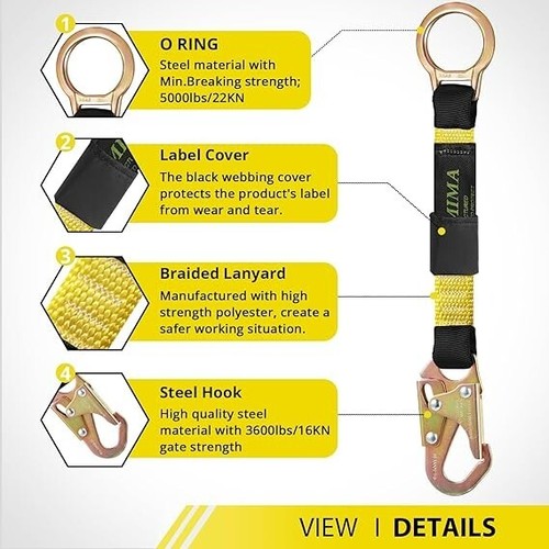 Safety Harness Extension Lanyard 18”D-Ring Extender Fall Protection Arrest Syste - Picture 3 of 7