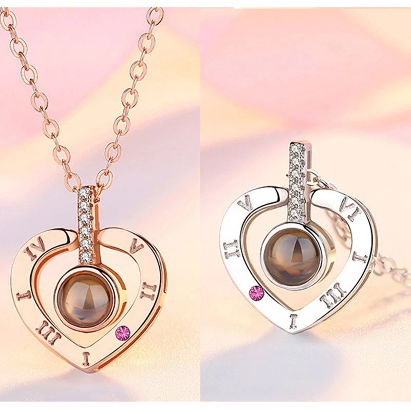 I Love You 100 language magnify projection heart necklace 18