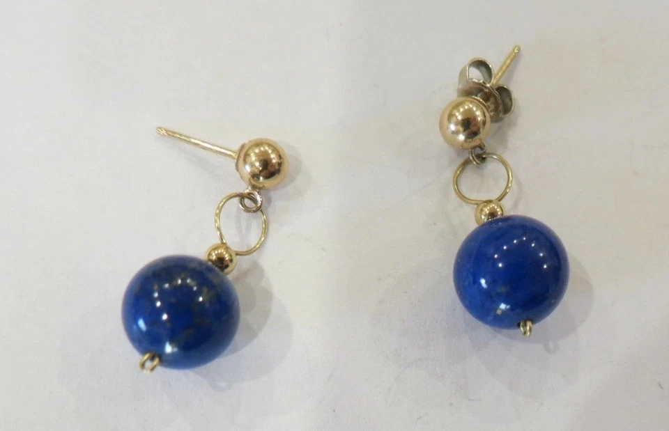  Pendientes Oro Amarillo 14K con Piedra Redonda Lapizlázula Foto 2 de 4