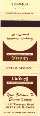 Christy's Glenview IL Vintage Matchbook Cover Restaurant 1970s