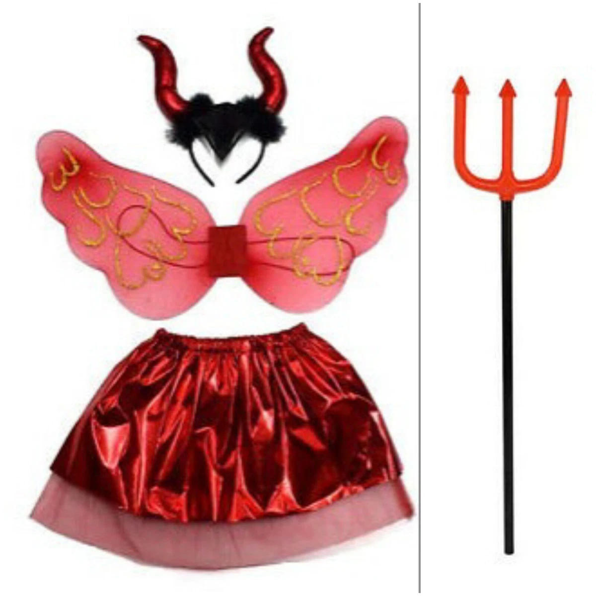 GWAWG Set da 4 pezzi per costume da diavolo da donna – Cerchietto con corna da diavolo, gemme per il viso, tatuaggio cicatrice e bacchetta, accessori per costume di Halloween per cosplay, carnevale