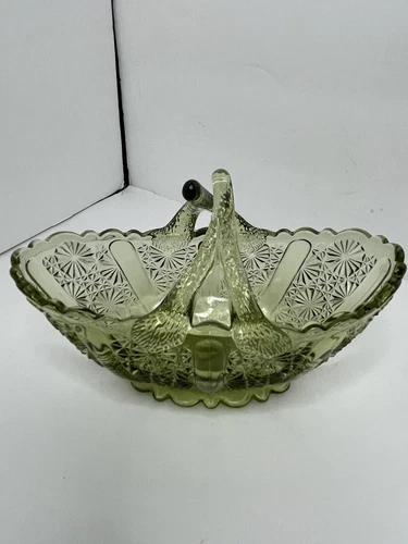 Fenton Vtg Fenton Green Glass Daisy And Button Oval Basket Split Twig