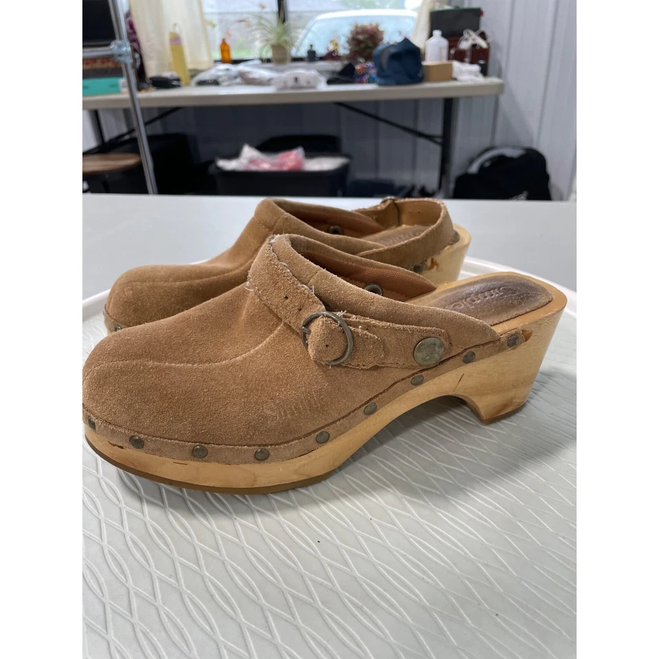 Zuecos de mula simples de gamuza de cuero para mujer 8 puntera redonda tostado camel boho informales preppy Foto 3 de 4