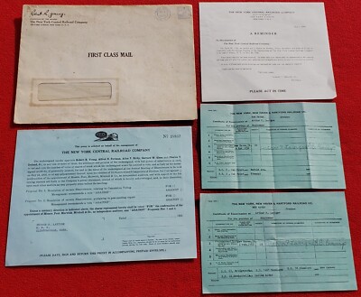 1950s New York Central Railroad Ephemra Lot - Proxy, Certificates Of Examination
