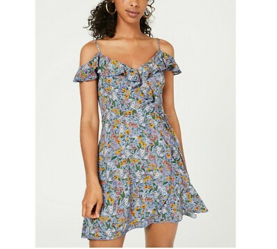 Teeze Me Junior Womens 3/4 Perry Blue Floral Print Cold Shoulder Wrap Dress NWT