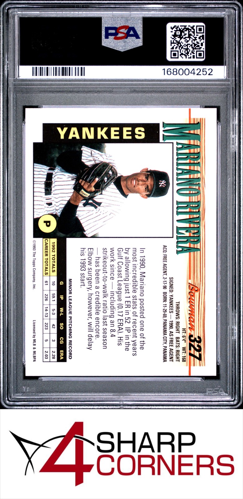 1993 BOWMAN #327 MARIANO RIVERA YANKEES HOF PSA 10 view 2