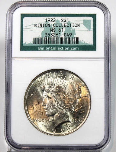 1922 Peace Silver Dollar - NGC Certified MS61 Binion Collection !!