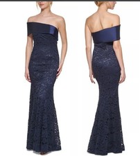 Eliza j Formal Lace One Shoulder Dress Contrast Satin Lapel 12 Navy Blue