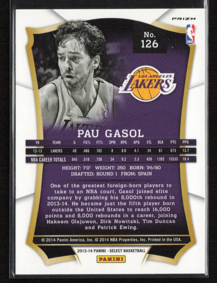 Pau Gasol 2013-14 Panini Select #126 Prizms Los Angeles Lakers - Image 2 of 2