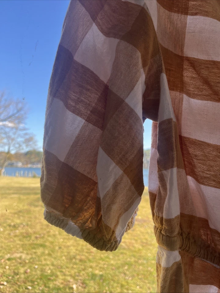 Who What Wear Womens Balloon Sleeve Linen Blend Blouse Size S Yellow Gingham - Image 2 of 4