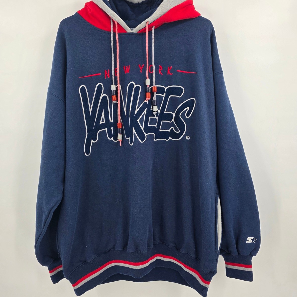 VINTAGE 90S STARTER NEW YORK YANKEES HOODIE RARE DOUBLE HOOD BLUE 