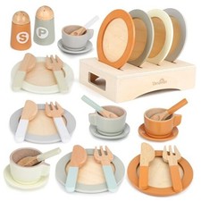 Wooden Play Dishes and Plates for Kids Kitchen Set, 27 PCS Wooden play dishes