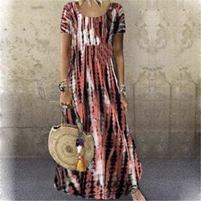 Womens Swing Tie Dye Maxi Loose BOHO Casual Long Dress Ladies Ombre Pullover