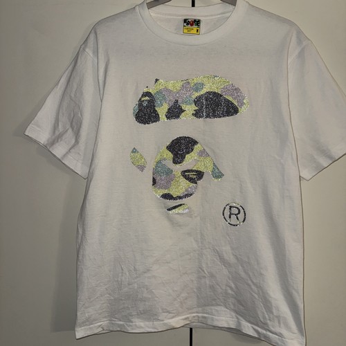 A Bathing Ape BAPE Glitter Camo Big Ape Head T White Green Men’s M 