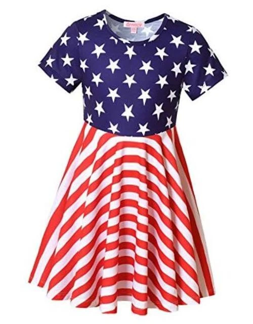 Girls Unicorn Dresses Summer Swing Short Sleeve Casual Clothes 6-7 Years Flag