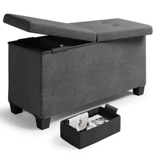 Ottoman Storage Bench, Linen 30" Fabric Multipurpose Easy Assembly, Gray