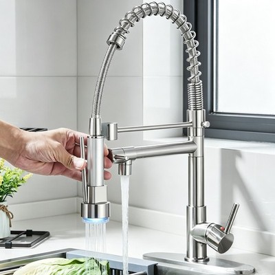 Brushed Kitchen Sink Faucet Pull Down Sprayer Single Handle 360°Swivel Mixer Tap