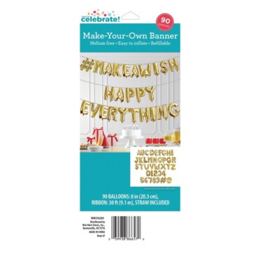 Way to Celebrate! Party Gold Make Your Own Balloon Banner Kit, 8'' letters, 90 Ct