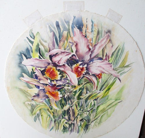SIGNED ORIGINAL WATERCOLOR by Nora 1984 Japanese Calligraphy Floral Orchids - Picture 4 of 7