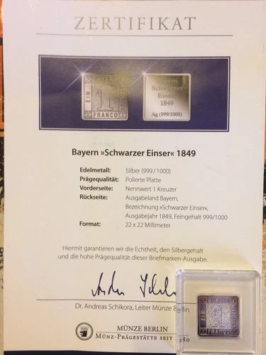 Briefmarke 999/1000 Silber Bayern Schwarzer Einser 1849 aus Nachlass - Bild 1 von 3