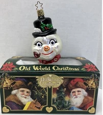 Vintage 1998 OLD WORLD CHRISTMAS ORNAMENT #2527 MERRY SNOWMAN HEAD STAR CAP Box
