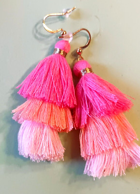 triple FRINGE rose coral pink Gold color earring fish hook handcrafted