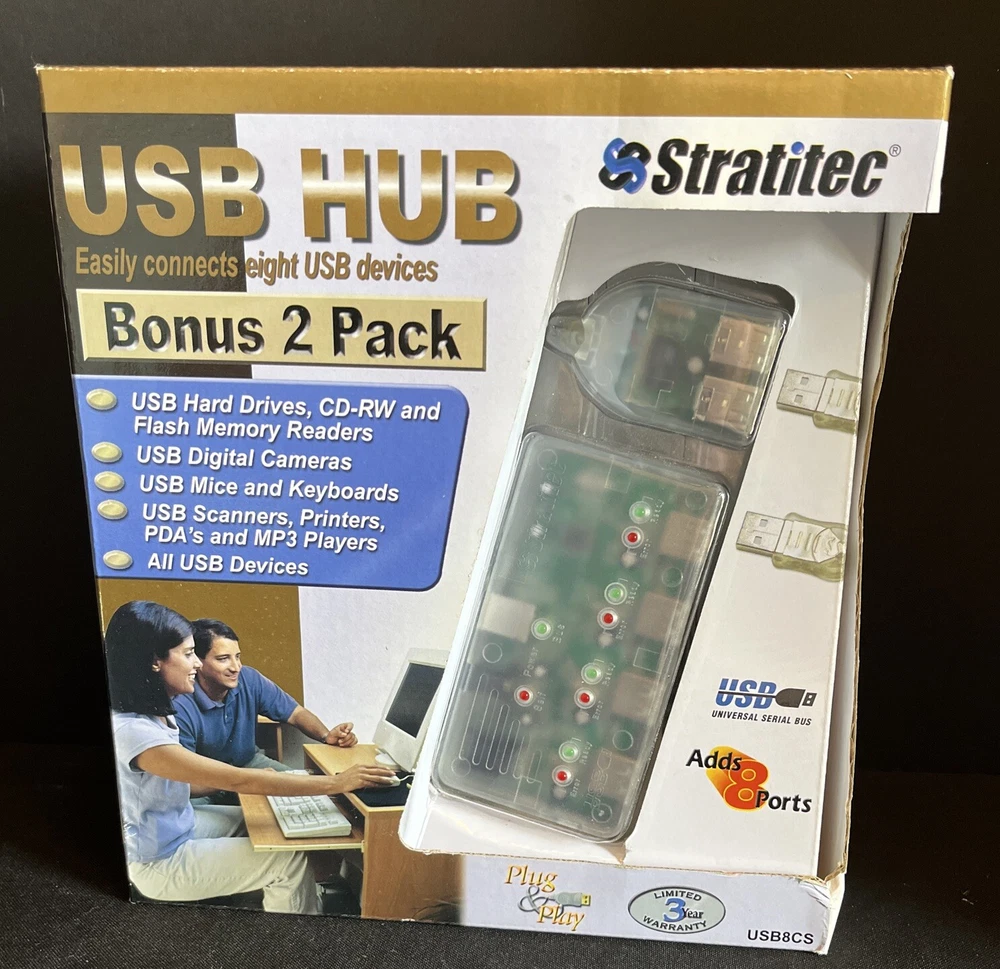 Stratitec 4 Port USB Hub Bonus 2 Pk NIB Connect 8 USB Devices Flash Hard Drive Stratitec 4 Port USB Hub Bonus 2 Pk NIB Connect 8 USB Devices Flash Hard Drive