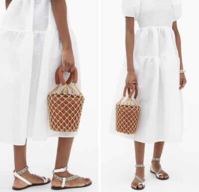 NEW ~ STAUD MOREAU BROWN LEATHER BUCKET BAG WITH TAN ROBE NET DOUBLE HANDLE