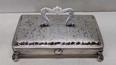 ANTIQUE LARGE SOLID SILVER TRINKET JEWELRY BOX VICTORIAN ENGRAVED
