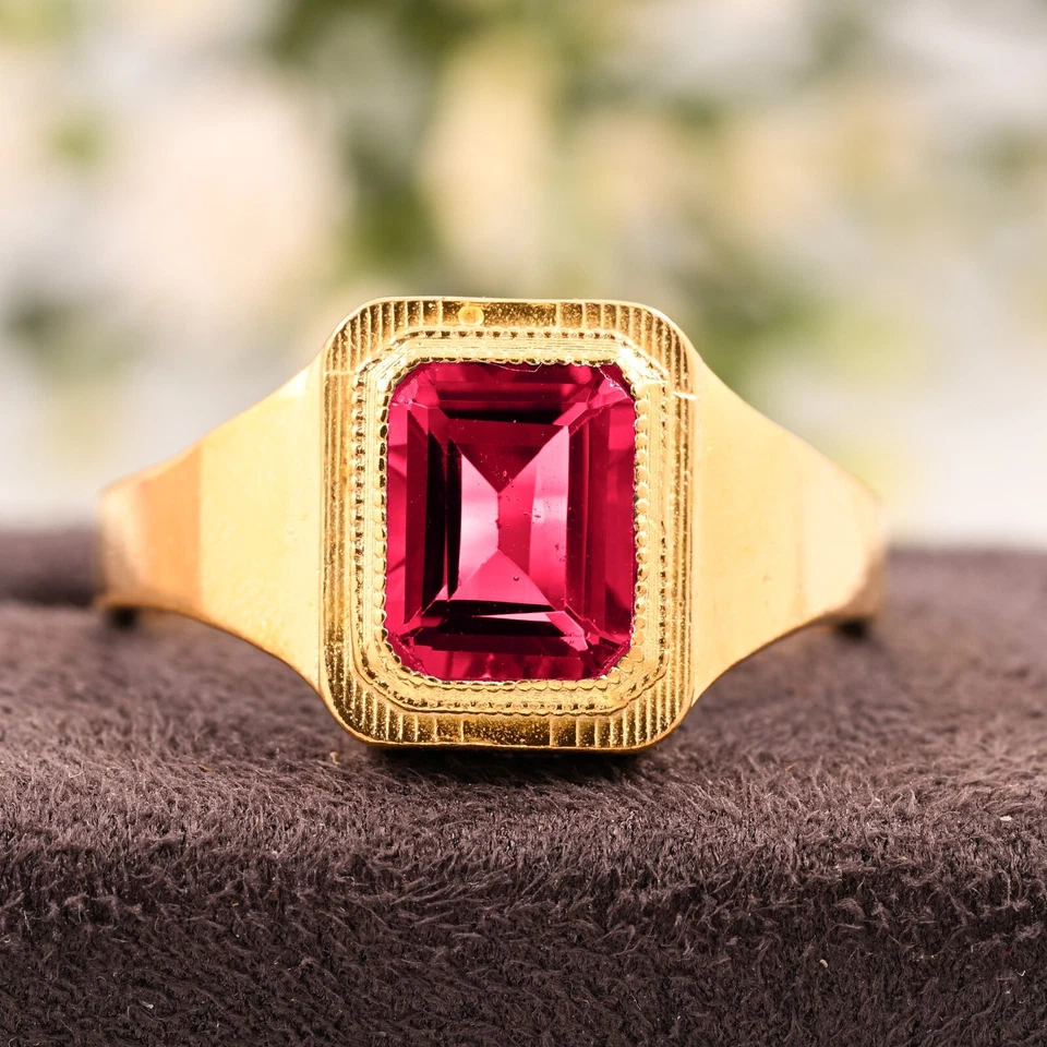 Anillo de oro amarillo macizo de 14K hecho a mano para hombre con piedras preciosas de rubí facetado natural Gif Foto 3 de 3