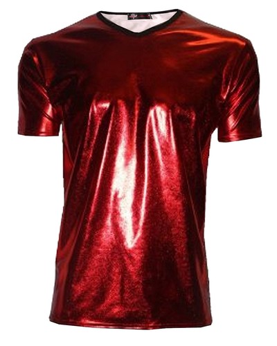 Mens Red Metallic Wet Look PVC Shiny T 