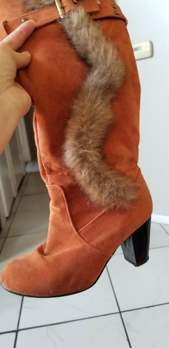 Knee High Orange Boots With Fur Women Black Pointed Toe Knee Boots