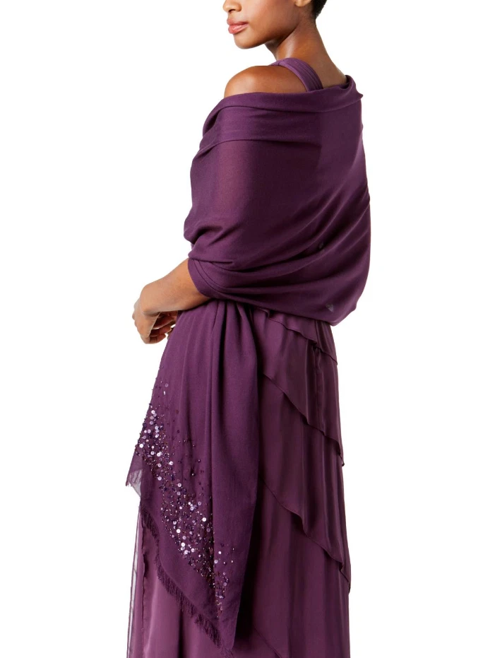 Adrianna Papell Women s Shawl Wrap One Beaded Fringe Trim Purple