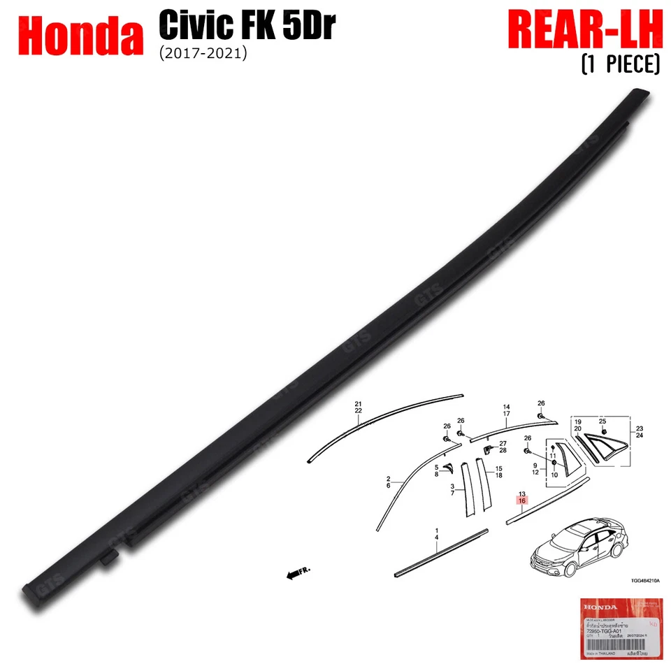 Rear Lh Outer Weatherstrip Window Molding Seal For Honda Civic FK 2017 - 2021 Foto 3 de 4